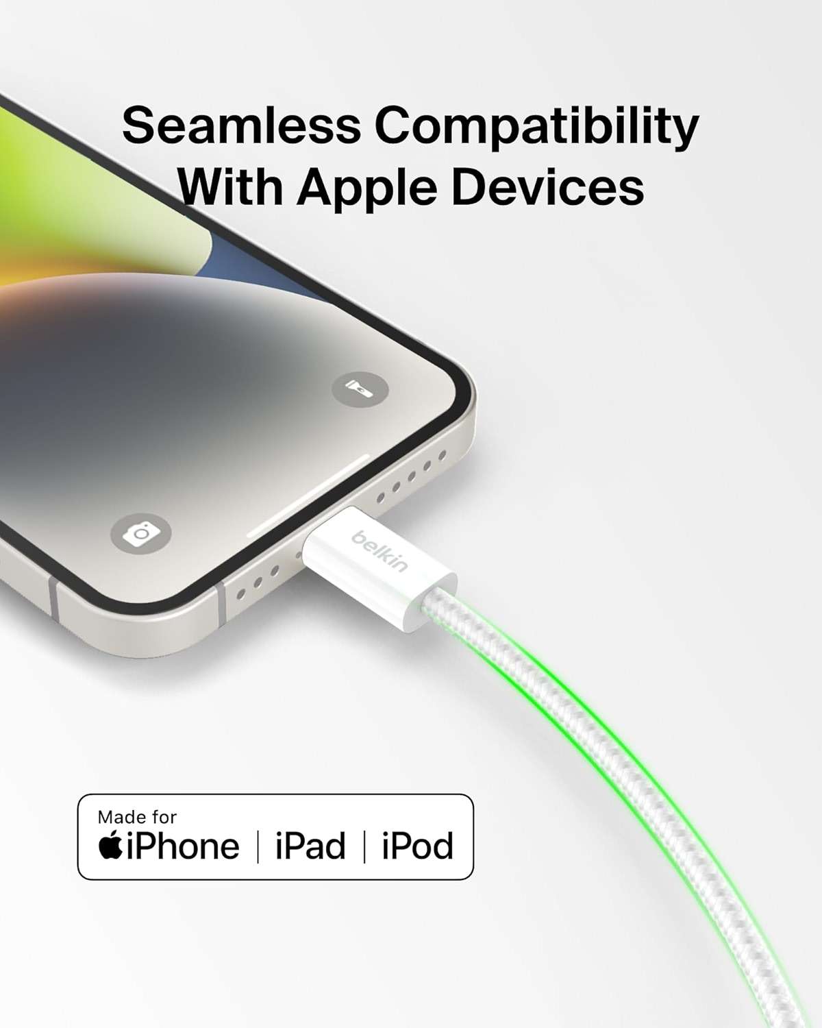 Belkin USB C Cable w/Lightning Connector, 6.6ft - Soft, Flexible Fast-Charging Cable, Lightning Charger Cord for iPhone 14 & Earlier Series, iPad 9th Gen, Airpods & More - White - Image 2