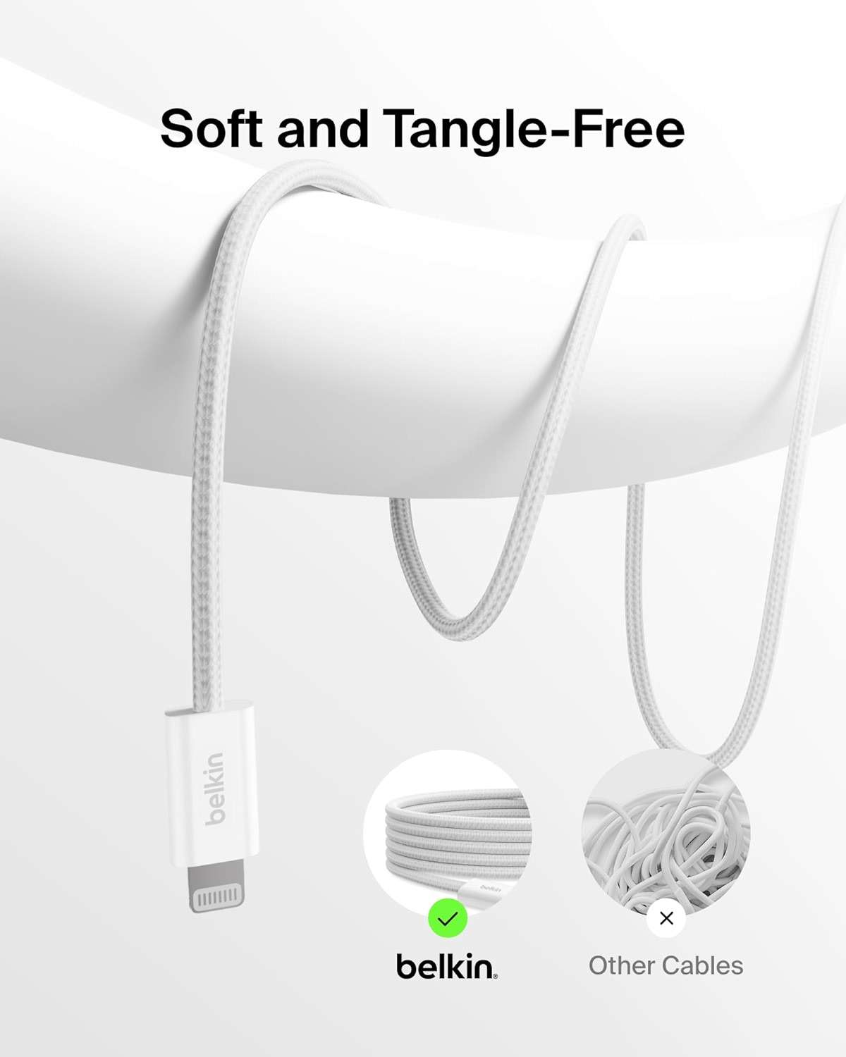 Belkin USB C Cable w/Lightning Connector, 6.6ft - Soft, Flexible Fast-Charging Cable, Lightning Charger Cord for iPhone 14 & Earlier Series, iPad 9th Gen, Airpods & More - White - Image 4