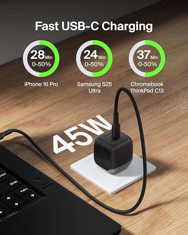 Belkin USB C Charger Block Fast Charging 45W - PD3.1 PPS Super Fast Charging - Samsung Galaxy S25-S26, iPhone 17, Air, Pro, Pro Max, AirPods, Apple Watch, Google Pixel 10, Nintendo Switch, etc - Black - Image 2