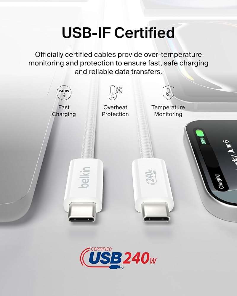 Belkin USB C to USB C Cable 2-Pack, 6.6ft, 240W - USBC to USBC Cable, iPhone Charger Cord, Soft, Braided, Flexible for iPhone 17, Galaxy S25, Pixel 10, MacBook, Chromebook, iPad Pro, Switch - White - Image 4