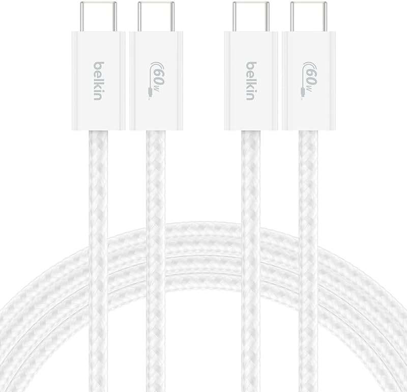 Belkin USB C to USB C Cable 2-Pack, 6.6ft, 60W - Type C Charger, iPhone Charger Cord, Soft, Braided, Flexible for iPhone 17, Galaxy S25, Pixel 10, Airpods, iPad Pro & More, Travel Essentials - White - Image 1