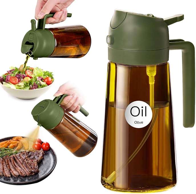 YARRAMATE 16oz/470ml Dark Brown Oil Sprayer for Cooking with Stickers, Food-grade Premium 2 in 1 Olive Oil Dispenser Bottle for Kitchen Gadgets, Air Fryer, Salad, Frying, BBQ (OliveGreen) - Image 1