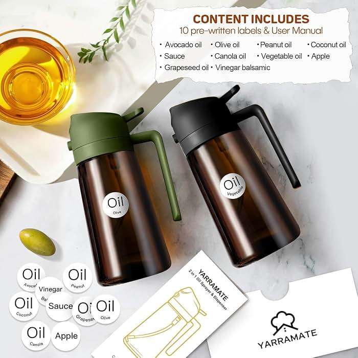 YARRAMATE 16oz/470ml Dark Brown Oil Sprayer for Cooking with Stickers, Food-grade Premium 2 in 1 Olive Oil Dispenser Bottle for Kitchen Gadgets, Air Fryer, Salad, Frying, BBQ (OliveGreen) - Image 2