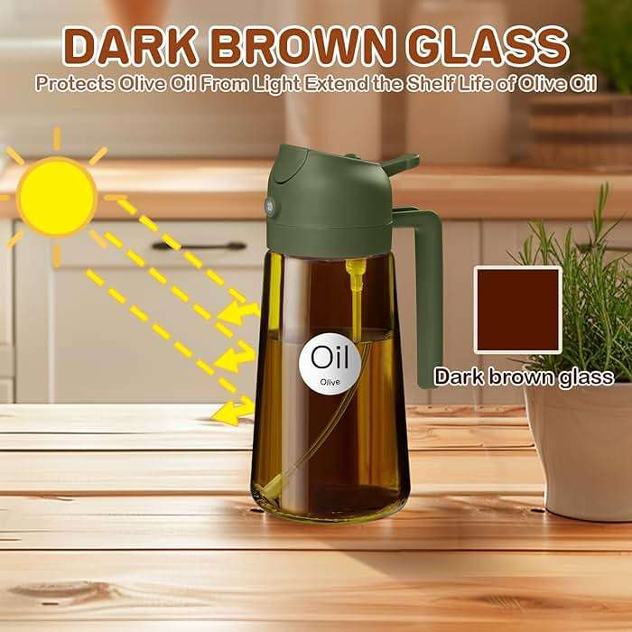 YARRAMATE 16oz/470ml Dark Brown Oil Sprayer for Cooking with Stickers, Food-grade Premium 2 in 1 Olive Oil Dispenser Bottle for Kitchen Gadgets, Air Fryer, Salad, Frying, BBQ (OliveGreen) - Image 4