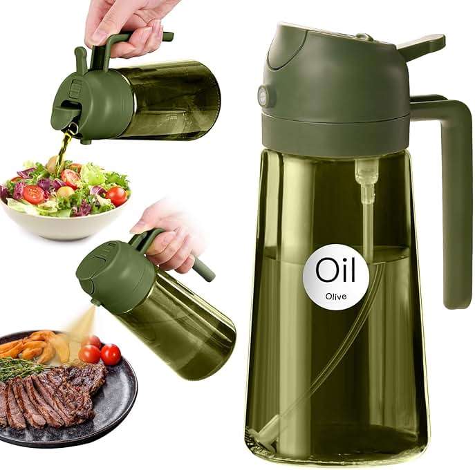 YARRAMATE 16oz/470ml Dark Green Oil Sprayer for Cooking with Stickers, Food-grade Premium 2 in 1 Olive Oil Dispenser Bottle for Kitchen Gadgets, Air Fryer, Salad, Frying, BBQ (OliveGreen) - Image 1