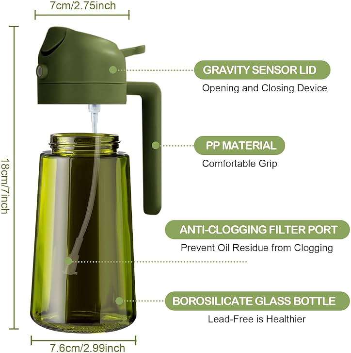 YARRAMATE 16oz/470ml Dark Green Oil Sprayer for Cooking with Stickers, Food-grade Premium 2 in 1 Olive Oil Dispenser Bottle for Kitchen Gadgets, Air Fryer, Salad, Frying, BBQ (OliveGreen) - Image 2