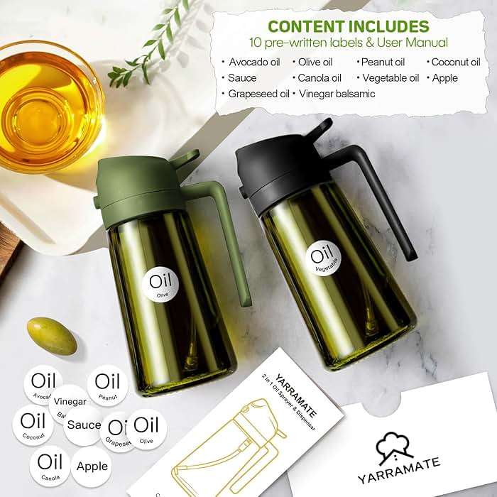 YARRAMATE 16oz/470ml Dark Green Oil Sprayer for Cooking with Stickers, Food-grade Premium 2 in 1 Olive Oil Dispenser Bottle for Kitchen Gadgets, Air Fryer, Salad, Frying, BBQ (OliveGreen) - Image 4
