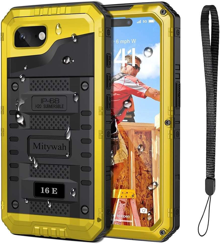 Mitywah Waterproof Case for iPhone 16e and for iPhone 17e, Shockproof Heavy Duty Case with Built-in Screen Protector, Underwater Full Body Protective Metal Case 6.1 inch, Yellow - Image 1