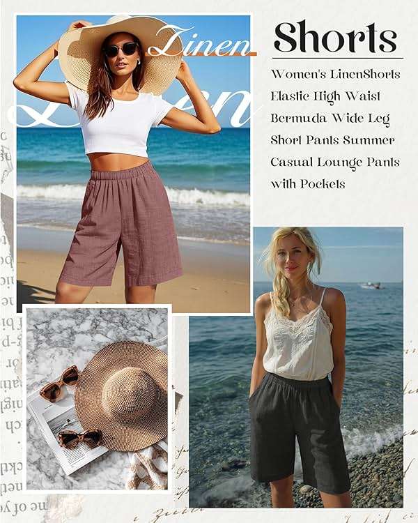 Riyiper 3 Pack Women's Linen Shorts Elastic High Waist Bermuda Wide Leg Summer Casual Lounge Short with Pockets - Image 2