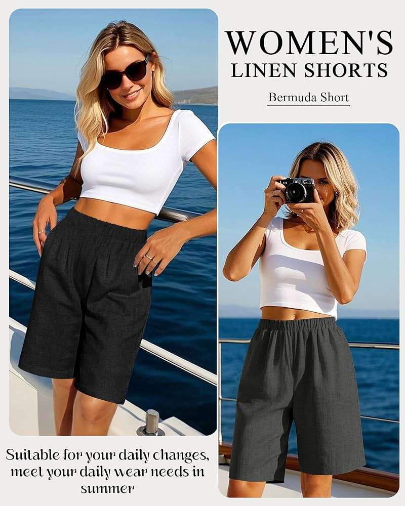Riyiper 3 Pack Women's Linen Shorts Elastic High Waist Bermuda Wide Leg Summer Casual Lounge Short with Pockets - Image 3