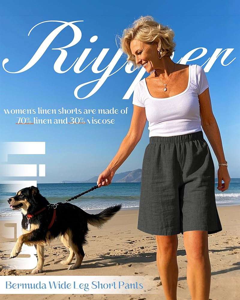 Riyiper 3 Pack Women's Linen Shorts Elastic High Waist Bermuda Wide Leg Summer Casual Lounge Short with Pockets - Image 6