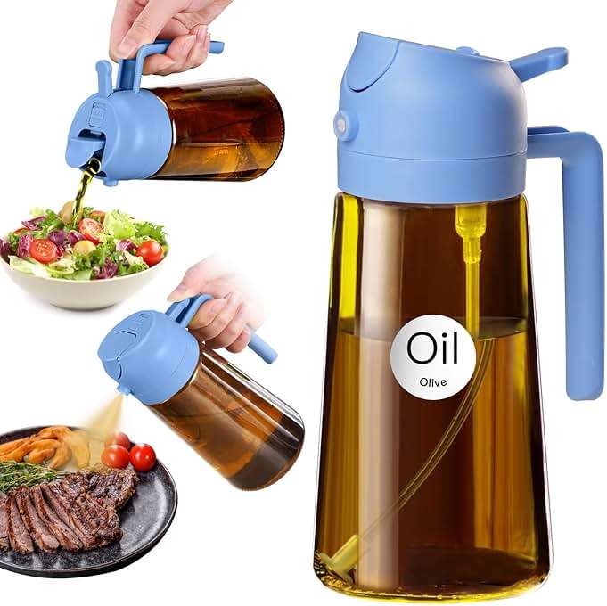 YARRAMATE 16oz/470ml Dark Brown Oil Sprayer for Cooking with Stickers, Food-grade Premium 2 in 1 Olive Oil Dispenser Bottle for Kitchen Gadgets, Air Fryer, Salad, Frying, BBQ (SkyBlue) - Image 1