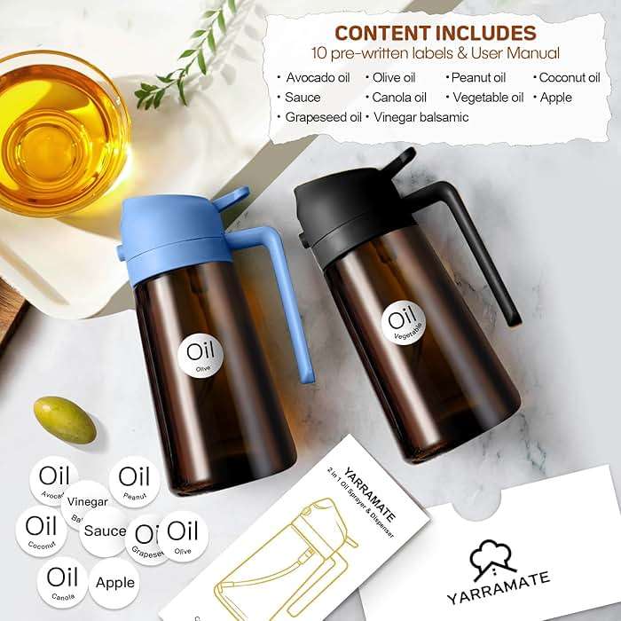 YARRAMATE 16oz/470ml Dark Brown Oil Sprayer for Cooking with Stickers, Food-grade Premium 2 in 1 Olive Oil Dispenser Bottle for Kitchen Gadgets, Air Fryer, Salad, Frying, BBQ (SkyBlue) - Image 2