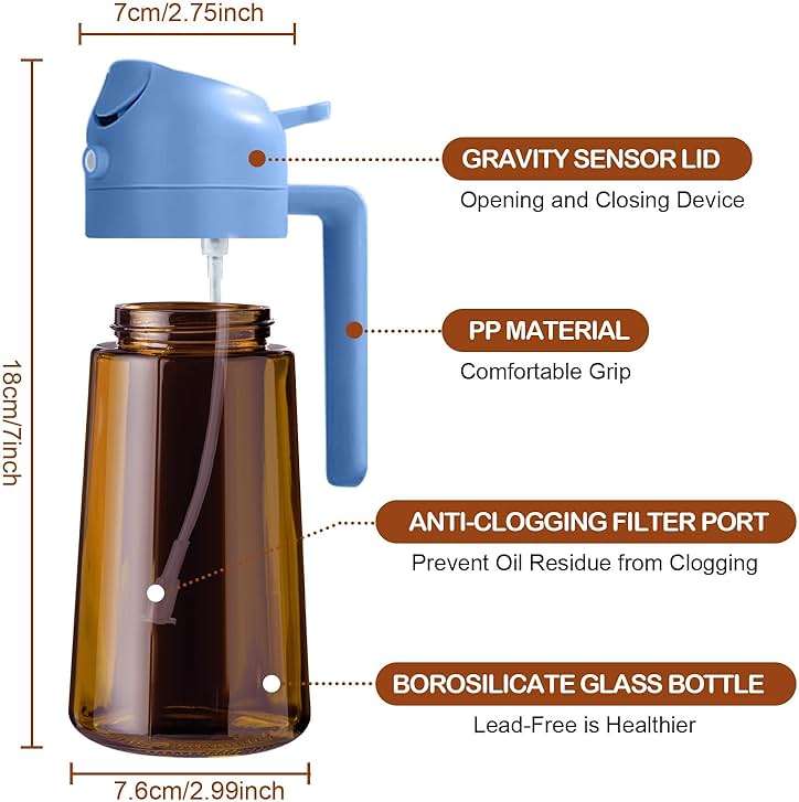 YARRAMATE 16oz/470ml Dark Brown Oil Sprayer for Cooking with Stickers, Food-grade Premium 2 in 1 Olive Oil Dispenser Bottle for Kitchen Gadgets, Air Fryer, Salad, Frying, BBQ (SkyBlue) - Image 3