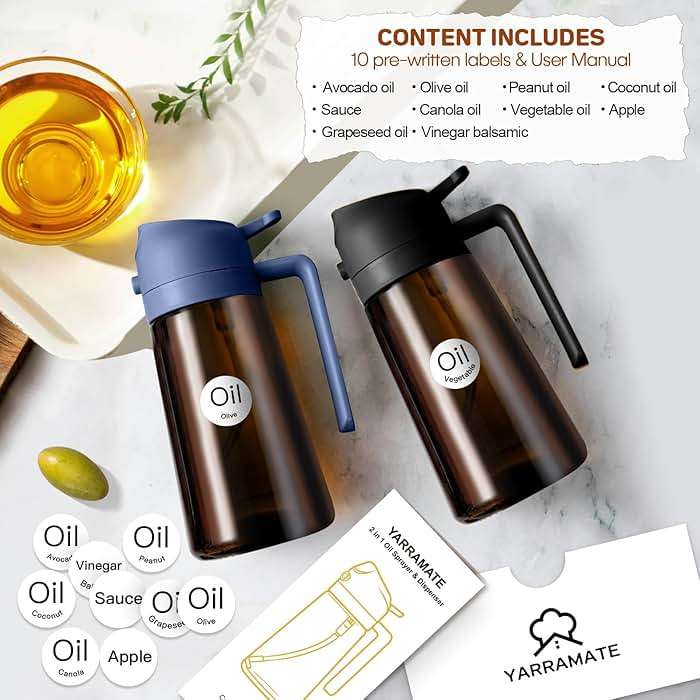 YARRAMATE 16oz/470ml Dark Brown Oil Sprayer for Cooking with Stickers, Food-grade Premium 2 in 1 Olive Oil Dispenser Bottle for Kitchen Gadgets, Air Fryer, Salad, Frying, BBQ (Navy) - Image 2
