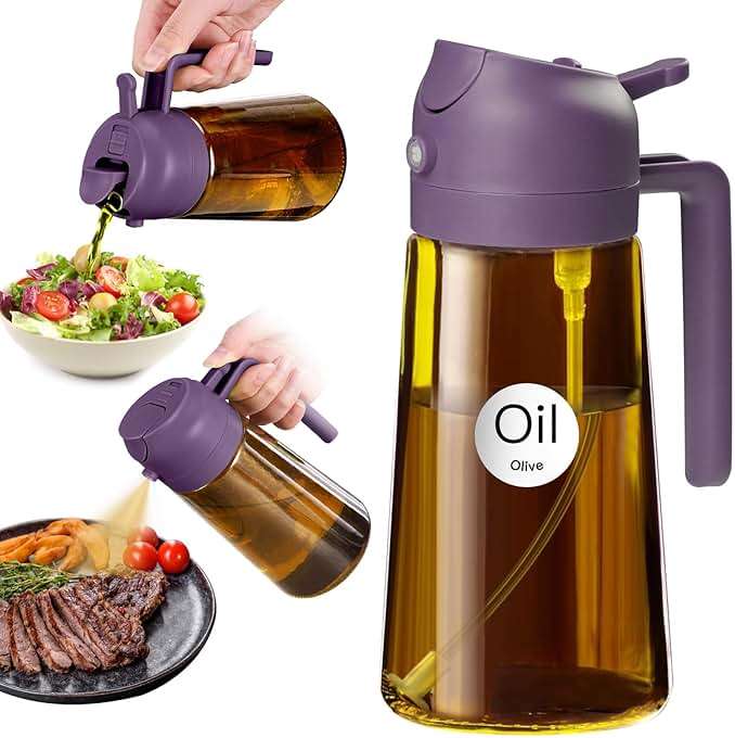 YARRAMATE 16oz/470ml Dark Brown Oil Sprayer for Cooking with Stickers, Food-grade Premium 2 in 1 Olive Oil Dispenser Bottle for Kitchen Gadgets, Air Fryer, Salad, Frying, BBQ (Purple) - Image 1