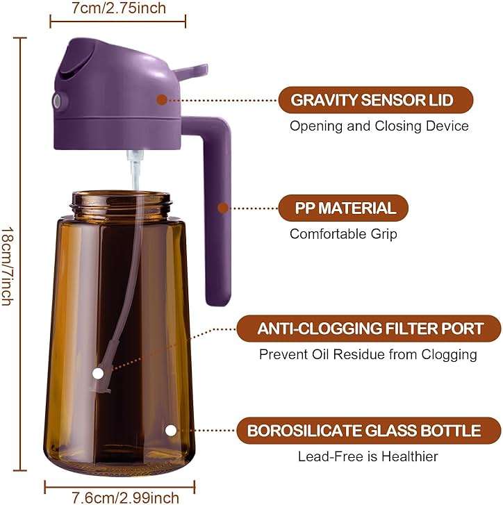 YARRAMATE 16oz/470ml Dark Brown Oil Sprayer for Cooking with Stickers, Food-grade Premium 2 in 1 Olive Oil Dispenser Bottle for Kitchen Gadgets, Air Fryer, Salad, Frying, BBQ (Purple) - Image 2