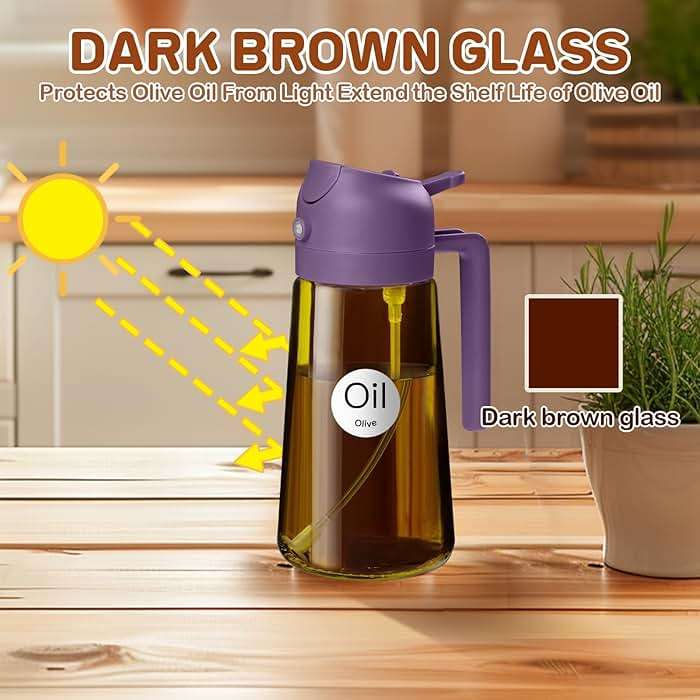 YARRAMATE 16oz/470ml Dark Brown Oil Sprayer for Cooking with Stickers, Food-grade Premium 2 in 1 Olive Oil Dispenser Bottle for Kitchen Gadgets, Air Fryer, Salad, Frying, BBQ (Purple) - Image 3