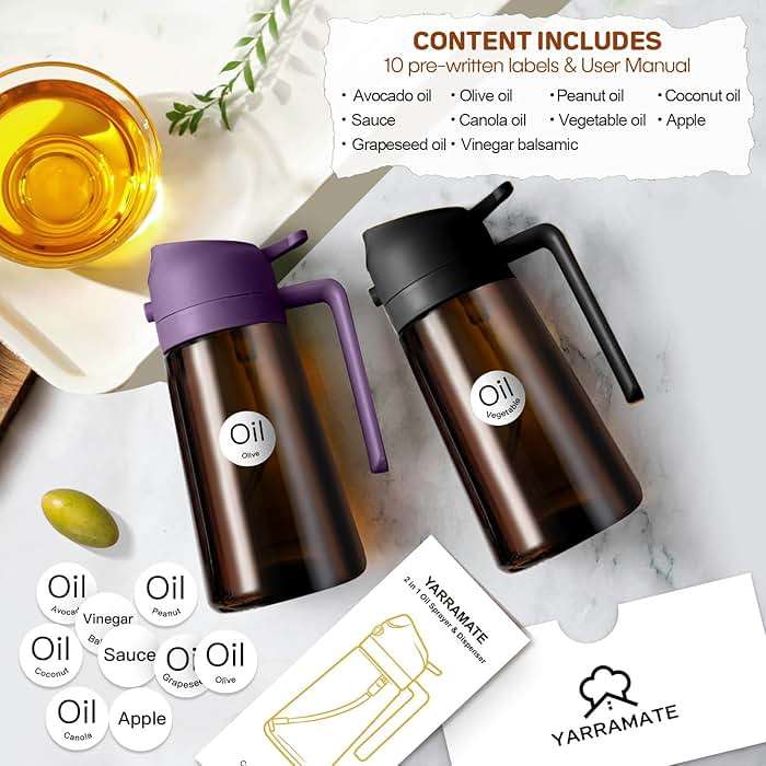 YARRAMATE 16oz/470ml Dark Brown Oil Sprayer for Cooking with Stickers, Food-grade Premium 2 in 1 Olive Oil Dispenser Bottle for Kitchen Gadgets, Air Fryer, Salad, Frying, BBQ (Purple) - Image 4