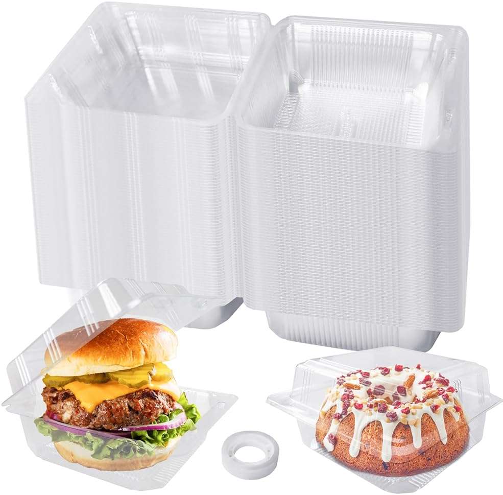 Haawooky 100 Pcs Clear Plastic Square Hinged Food Container,Disposable Cake Slice Clamshell Takeout Tray,Plastic To Go Containers with Clear Lids for Pastry,Salad,Dessert,Sandwiches,5.3"x 5.1"x 2.4" - Image 1