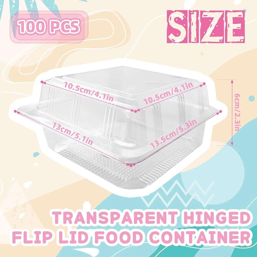 Haawooky 100 Pcs Clear Plastic Square Hinged Food Container,Disposable Cake Slice Clamshell Takeout Tray,Plastic To Go Containers with Clear Lids for Pastry,Salad,Dessert,Sandwiches,5.3"x 5.1"x 2.4" - Image 2