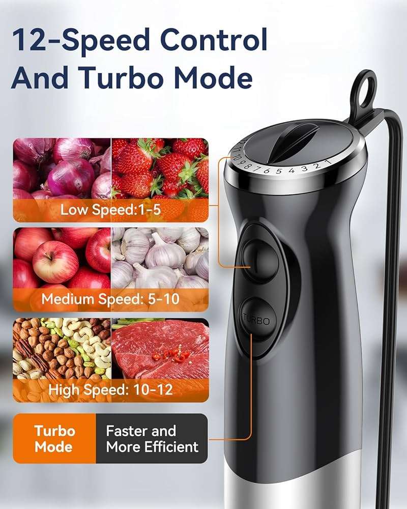 Immersion Blender Handheld 1000W 5 in 1 Corded Stick Hand Blender Kitchen with 12 Speed, BPA-Free, Mixing Beaker, Chopper, Whisk, Milk Frother, Perfect Emulsifier for Soup, Baby Food, Sauce, Puree - Image 4