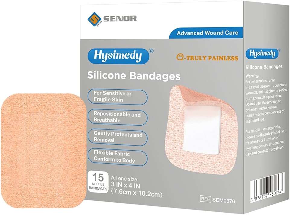 Hysimedy Silicone Bandages for Sensitive Fragile Skin 3"x4" 15 Count Flexible Fabric Latex Free Hypoallergenic Breathable Large Bandages for Wounds Easy Painless Removal for Geriatric and Children - Image 1
