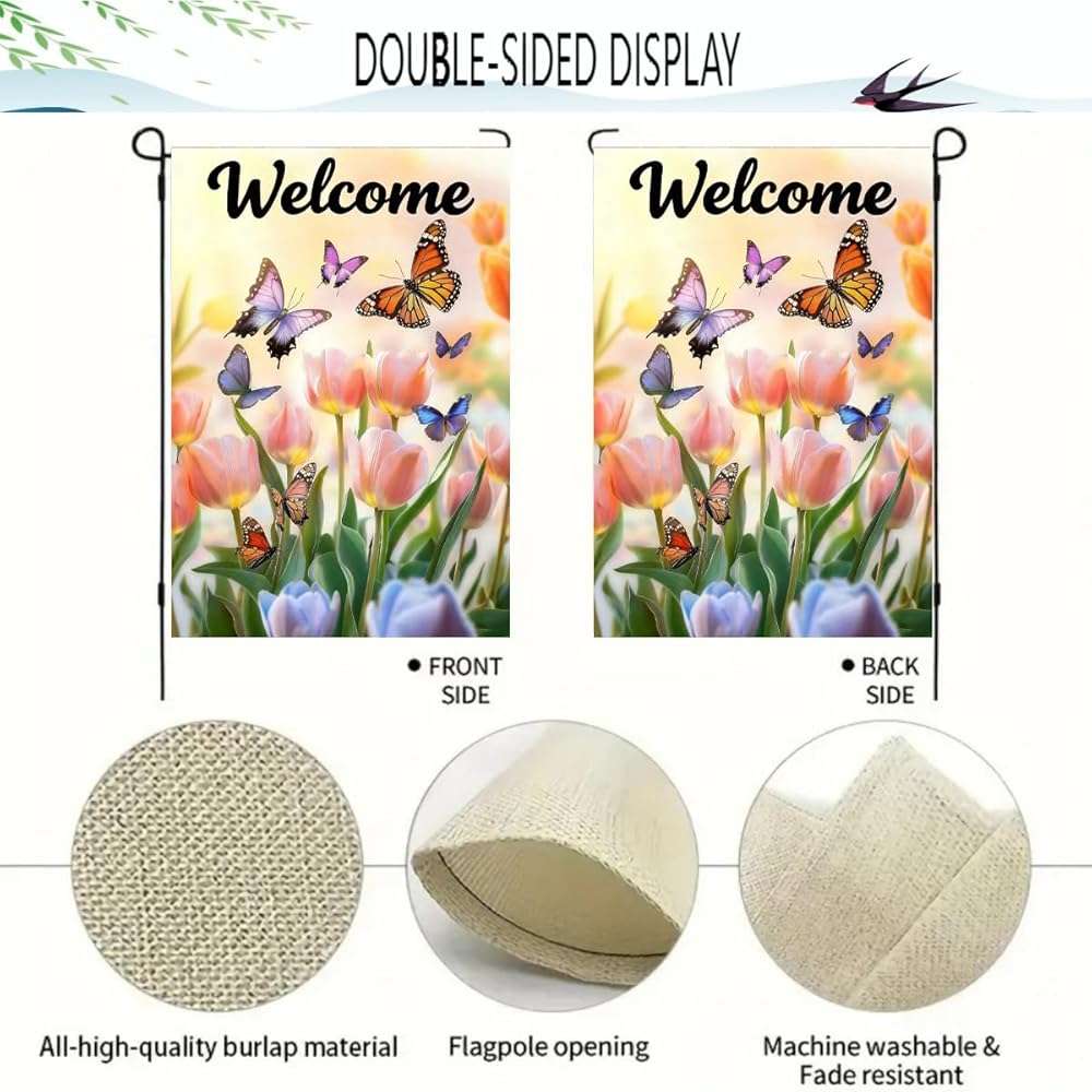Spring Summer Garden Flag 12x18 Double Sided, Small Burlap Flowers Tulip Welcome Garden Flags Spring Summer Decorations Outdoor Yard Flags for Outside Lawn Décor - Image 5