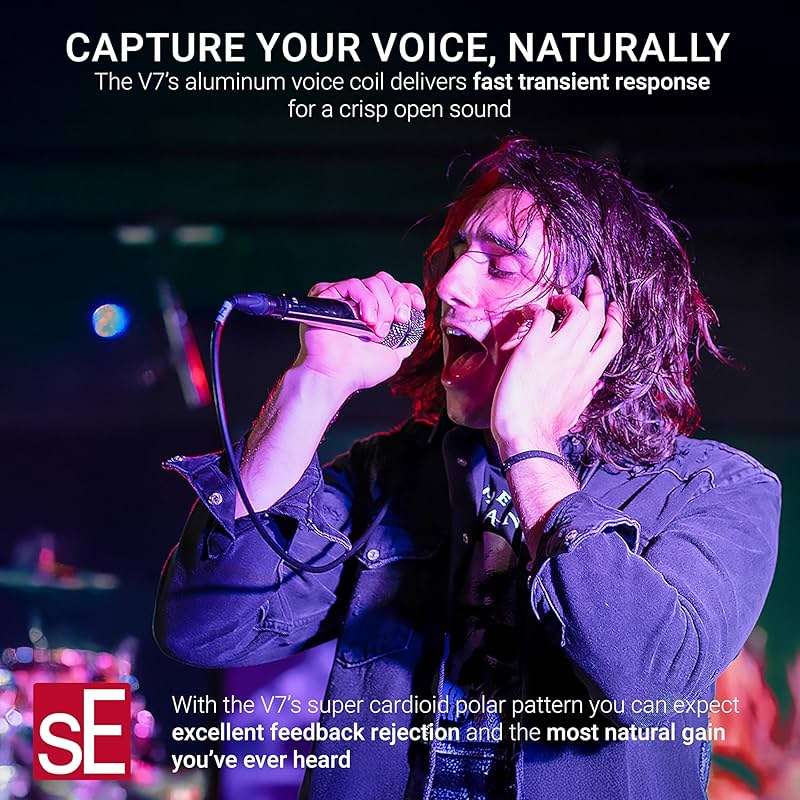 sE Electronics V7 Dynamic Microphone for Singing, Speech & Studio Recording - XLR Handheld Professional Microphone with Supercardioid Aluminum Voice Coil for Huge Gain Before Feedback - Brushed Nickel - Image 4