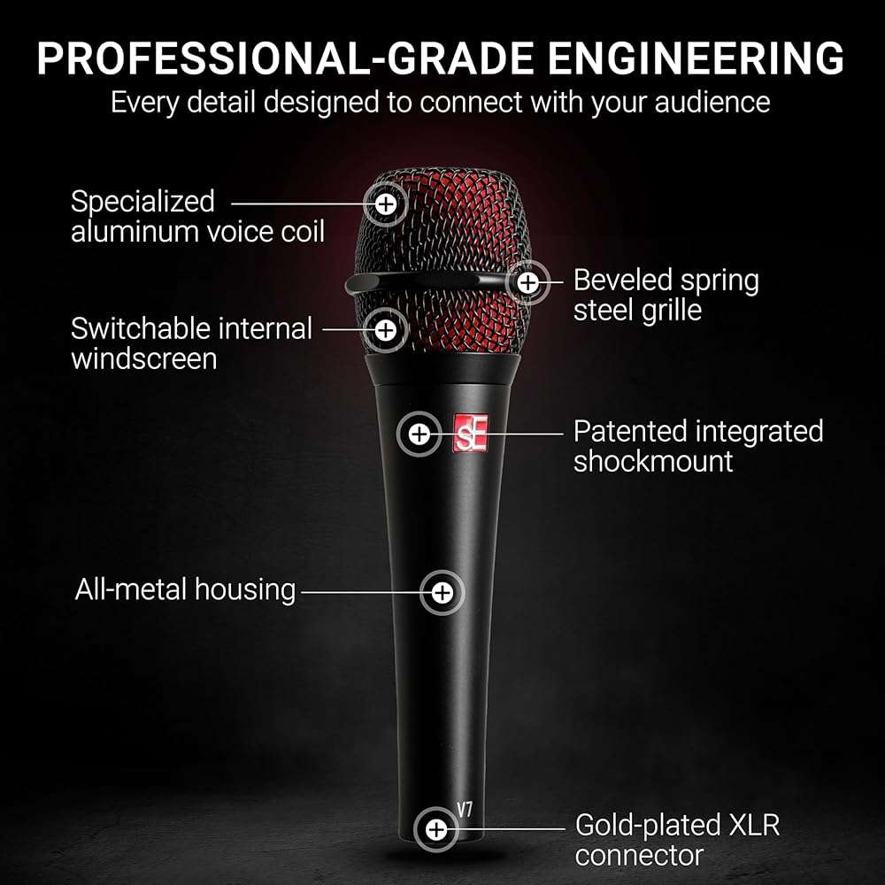 sE Electronics V7 Dynamic Microphone for Singing, Speech & Studio Recording - XLR Handheld Professional Microphone with Supercardioid Aluminum Voice Coil for Huge Gain Before Feedback - Brushed Nickel - Image 5