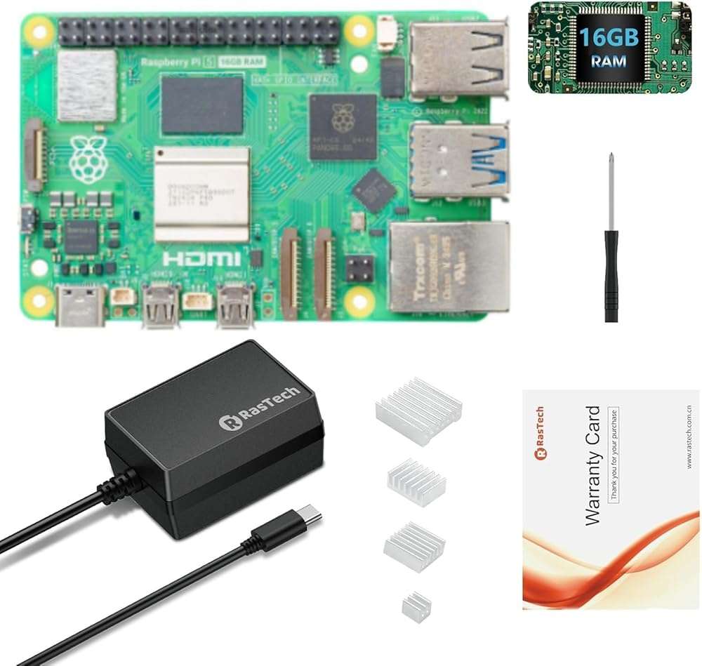 RasTech Raspberry Pi 5 Kit 16GB RAM with 27W PD Power Supply 5.1V5A,Heat Sinks and Raspberry Pi 5 16GB Board Included - Image 1