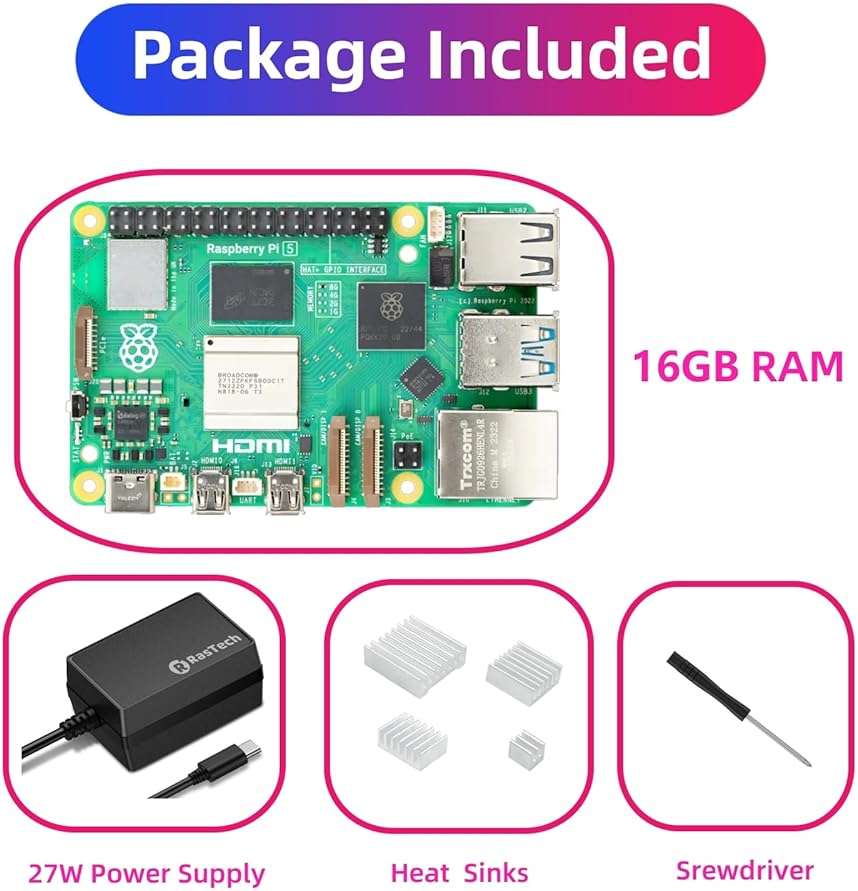 RasTech Raspberry Pi 5 Kit 16GB RAM with 27W PD Power Supply 5.1V5A,Heat Sinks and Raspberry Pi 5 16GB Board Included - Image 2