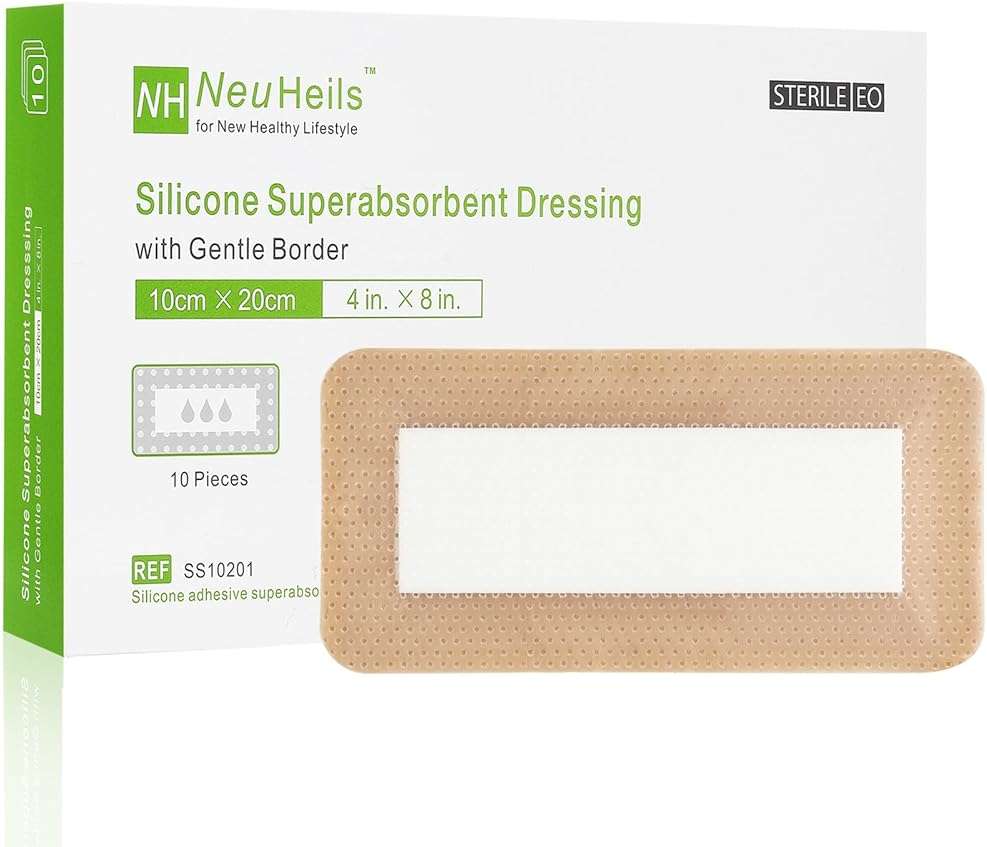 NeuHeils Silicone Super Absorbent Wound Dressing, 4x8 Inch (10 Pack), 2x6 Inch Absorbent Pads | Post-Surgery, Bed Sores, Pressure Ulcers | Self-Adhesive Bandage for Surgical Wounds & Cuts - Image 1