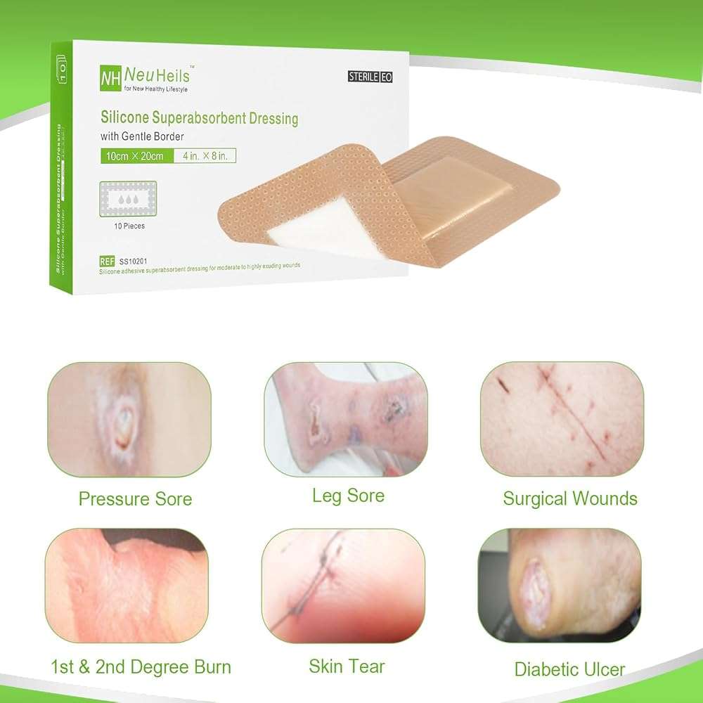 NeuHeils Silicone Super Absorbent Wound Dressing, 4x8 Inch (10 Pack), 2x6 Inch Absorbent Pads | Post-Surgery, Bed Sores, Pressure Ulcers | Self-Adhesive Bandage for Surgical Wounds & Cuts - Image 6