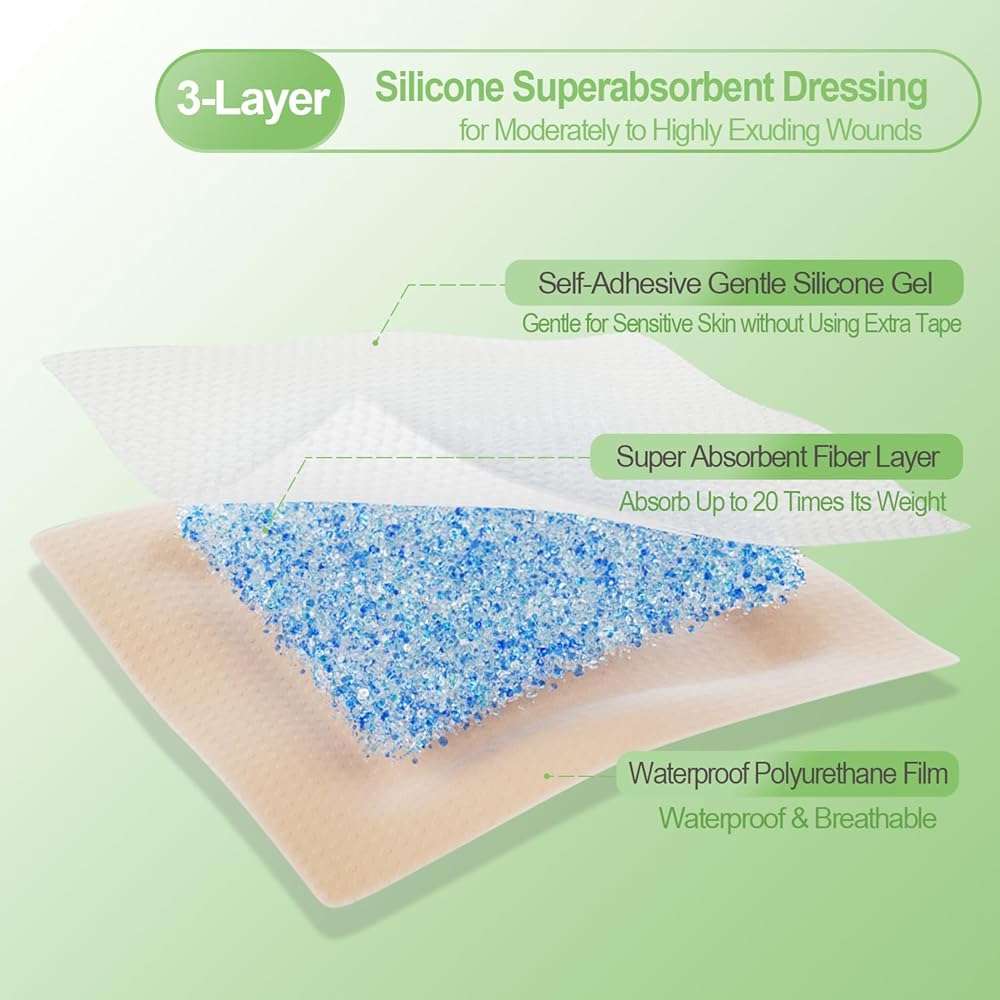 NeuHeils Silicone Super Absorbent Wound Dressing, 4x8 Inch (10 Pack), 2x6 Inch Absorbent Pads | Post-Surgery, Bed Sores, Pressure Ulcers | Self-Adhesive Bandage for Surgical Wounds & Cuts - Image 8