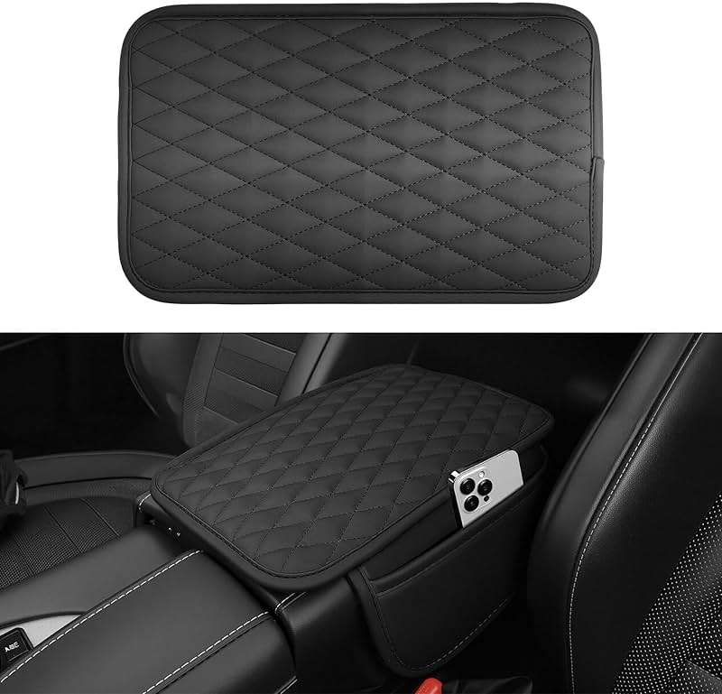 Amiss Car Center Console Cover, Upgraded Leather Car Armrest Cushion with 2 Storage Pockets, Universal Waterproof Cushion Pad, Non-Slip Car Interior Accessories, Fits Most Sedans SUVs Trucks (Black) - Image 1