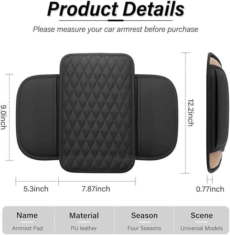 Amiss Car Center Console Cover, Upgraded Leather Car Armrest Cushion with 2 Storage Pockets, Universal Waterproof Cushion Pad, Non-Slip Car Interior Accessories, Fits Most Sedans SUVs Trucks (Black) - Image 2