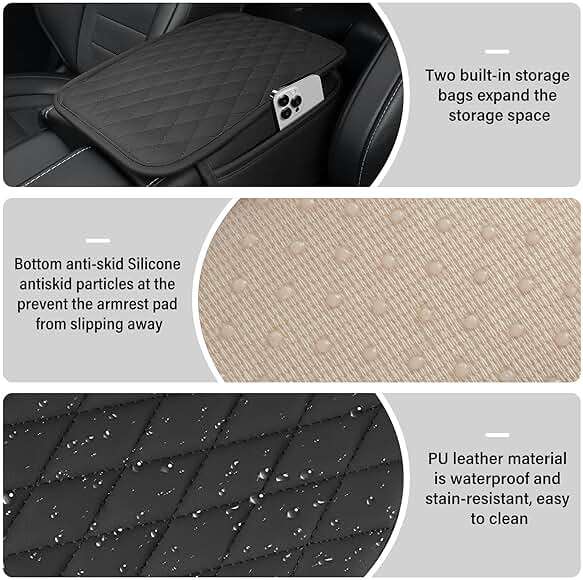 Amiss Car Center Console Cover, Upgraded Leather Car Armrest Cushion with 2 Storage Pockets, Universal Waterproof Cushion Pad, Non-Slip Car Interior Accessories, Fits Most Sedans SUVs Trucks (Black) - Image 3