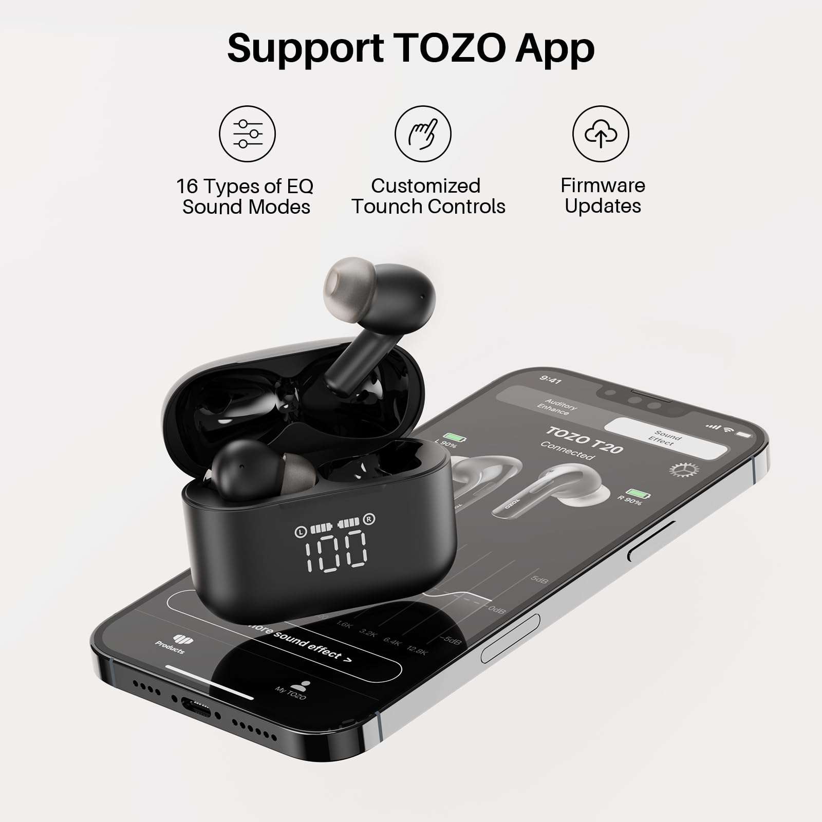 TOZO T20 Wireless Earbuds Bluetooth Headphones 48.5 Hrs Playtime with LED Digital Display, IPX8 Waterproof, Dual Mic Call Noise Cancelling 10mm Broad Range Speakers, New Version - Image 8