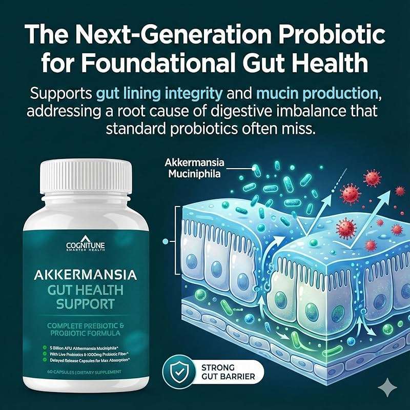 CogniTune Probiotic with 5 Billion AFU Akkermansia Muciniphila - Supports Gut Health with 30 Billion CFU and Prebiotic Fiber - Delayed Release Capsules - Image 3