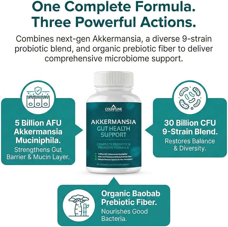 CogniTune Probiotic with 5 Billion AFU Akkermansia Muciniphila - Supports Gut Health with 30 Billion CFU and Prebiotic Fiber - Delayed Release Capsules - Image 4