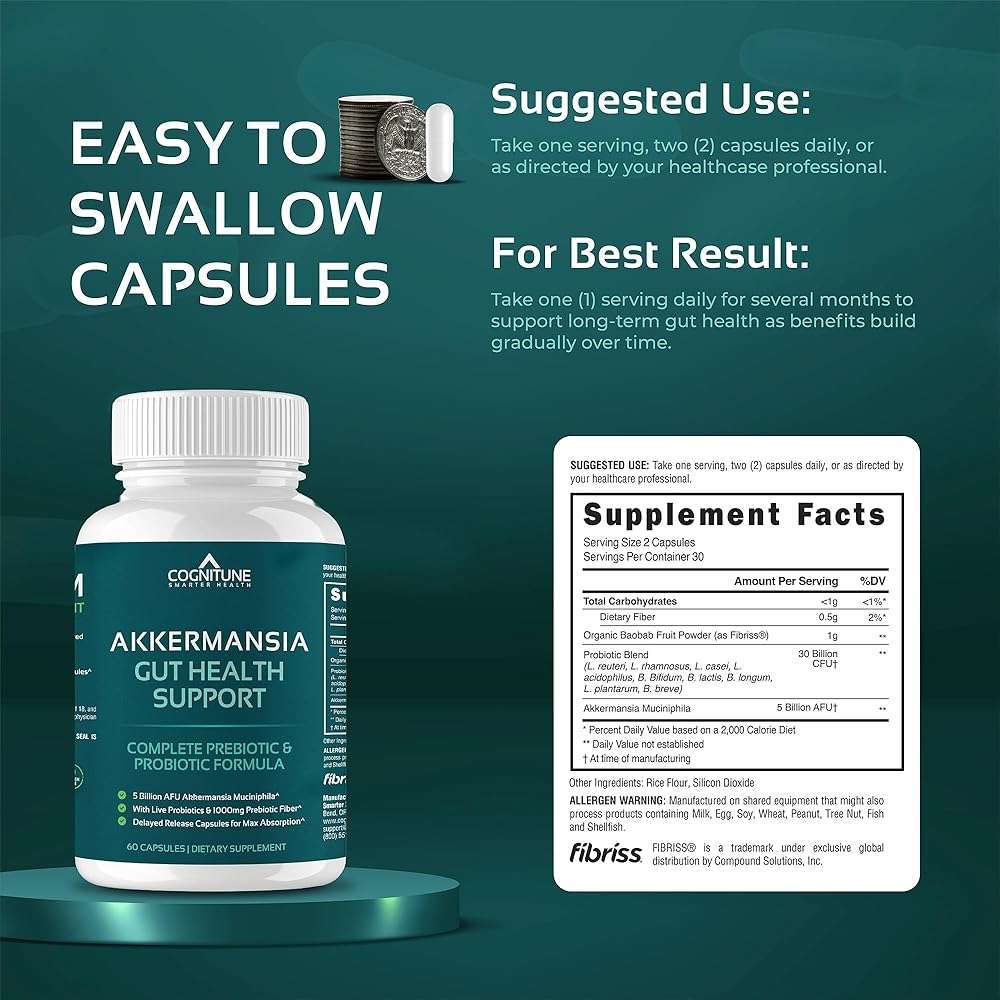 CogniTune Probiotic with 5 Billion AFU Akkermansia Muciniphila - Supports Gut Health with 30 Billion CFU and Prebiotic Fiber - Delayed Release Capsules - Image 6