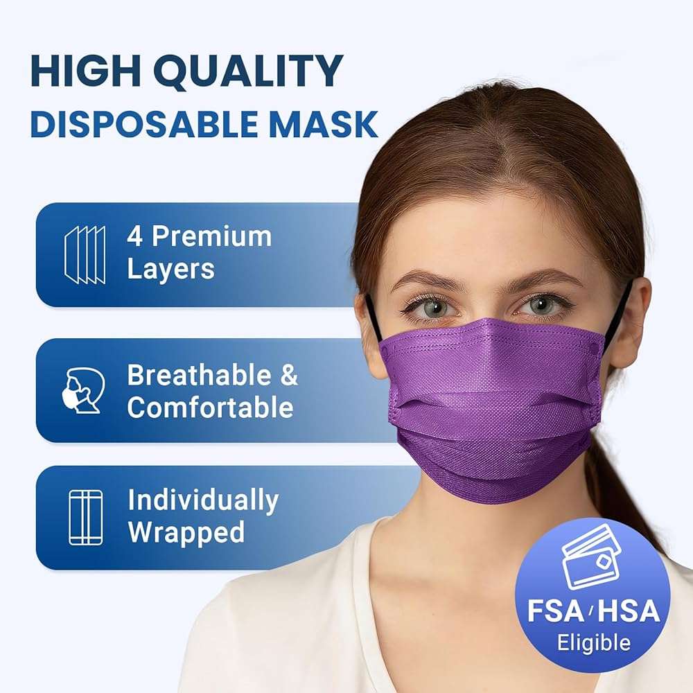 Disposable Face Mask for Adults - 4 Ply Protection, Individually Wrapped 50 Pack, 10 Colors, Breathable Comfortable & Safe - Image 2