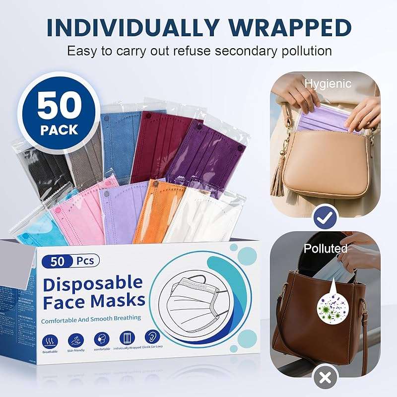 Disposable Face Mask for Adults - 4 Ply Protection, Individually Wrapped 50 Pack, 10 Colors, Breathable Comfortable & Safe - Image 7