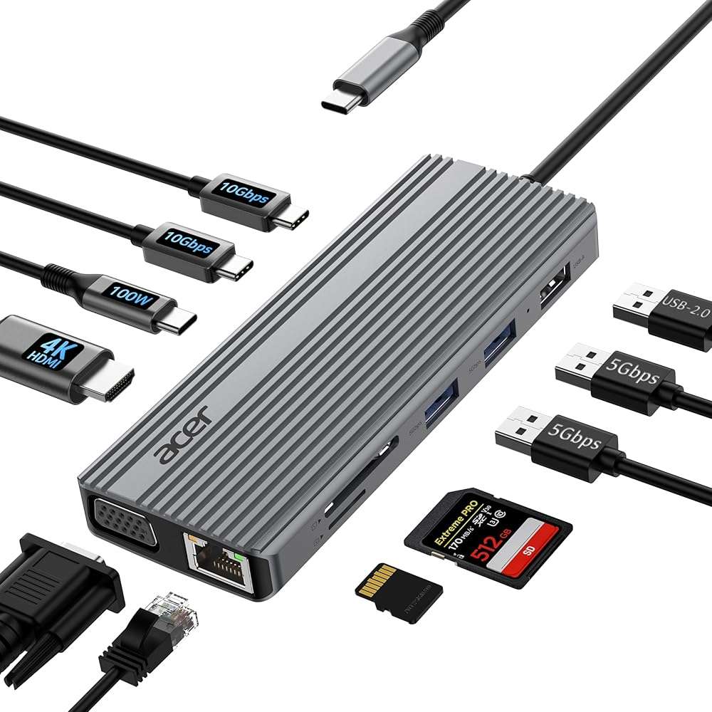Acer 11 in 1 USB C HUB Multiport Adapter with 4K@60Hz HDMI, 2x10Gbps USB C, 2x5Gbps USB A, 100W PD Port, 1000Mbps Ethernet, 1080P VGA, SD/TF, Laptop Docking Station Dual Monitor for PC, Desktop - Image 1