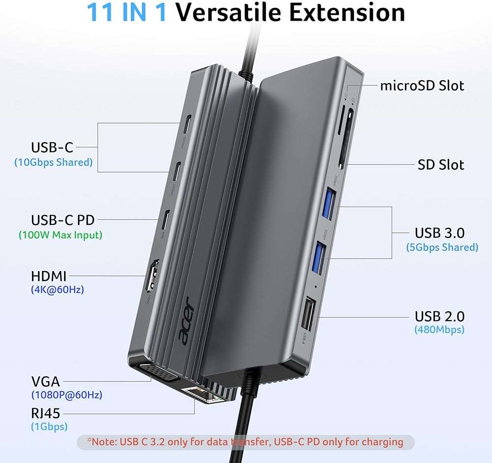 Acer 11 in 1 USB C HUB Multiport Adapter with 4K@60Hz HDMI, 2x10Gbps USB C, 2x5Gbps USB A, 100W PD Port, 1000Mbps Ethernet, 1080P VGA, SD/TF, Laptop Docking Station Dual Monitor for PC, Desktop - Image 2