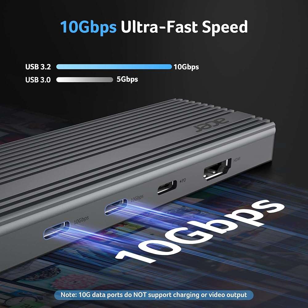 Acer 11 in 1 USB C HUB Multiport Adapter with 4K@60Hz HDMI, 2x10Gbps USB C, 2x5Gbps USB A, 100W PD Port, 1000Mbps Ethernet, 1080P VGA, SD/TF, Laptop Docking Station Dual Monitor for PC, Desktop - Image 4