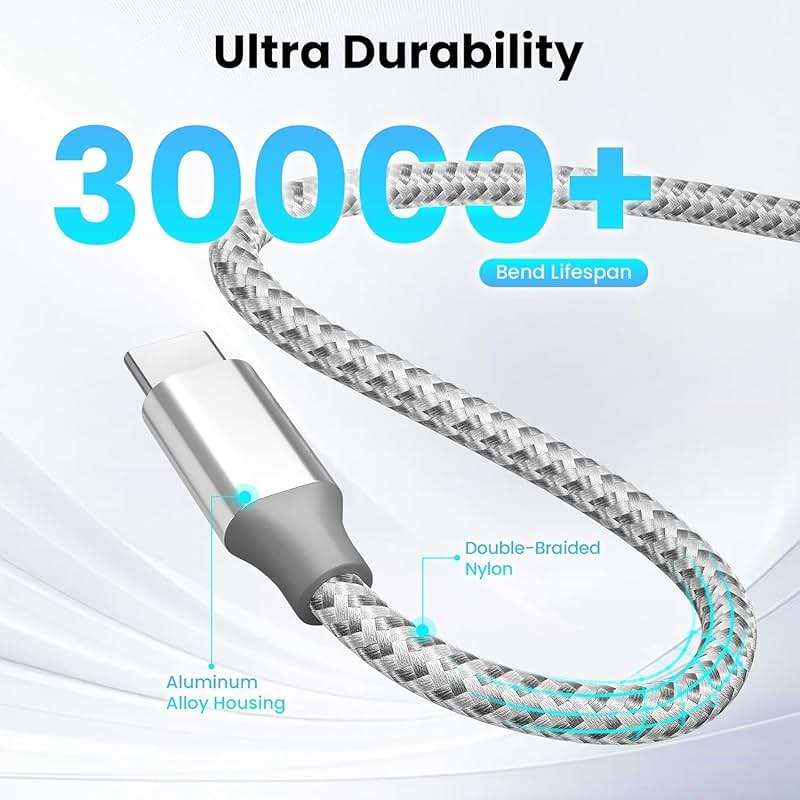 KYEHD USB C Cable,3 Pack 10FT 60W Fast Charging USB C to USB C Cable, Durable Type C Charger Cable for iPhone 17/16/15/iPad MacBook CarPlay and More-Grey White - Image 7