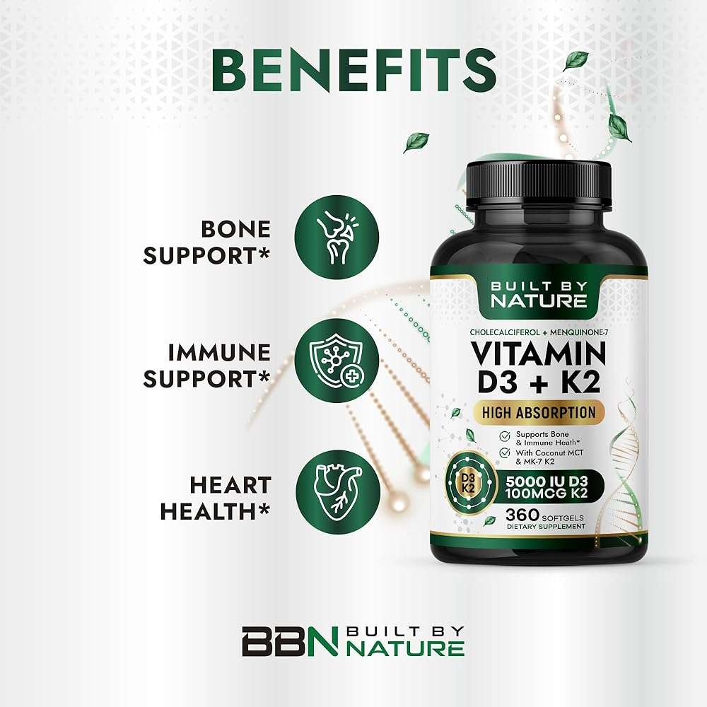 Built by Nature Vitamin D3 K2 5000 IU + 100 mcg MK-7 - Extra Strength, High Absorption - Bone, Heart & Immune Support - Coconut MCT Oil - Non-GMO – 1 Year Supply - 360 Softgels - Image 2