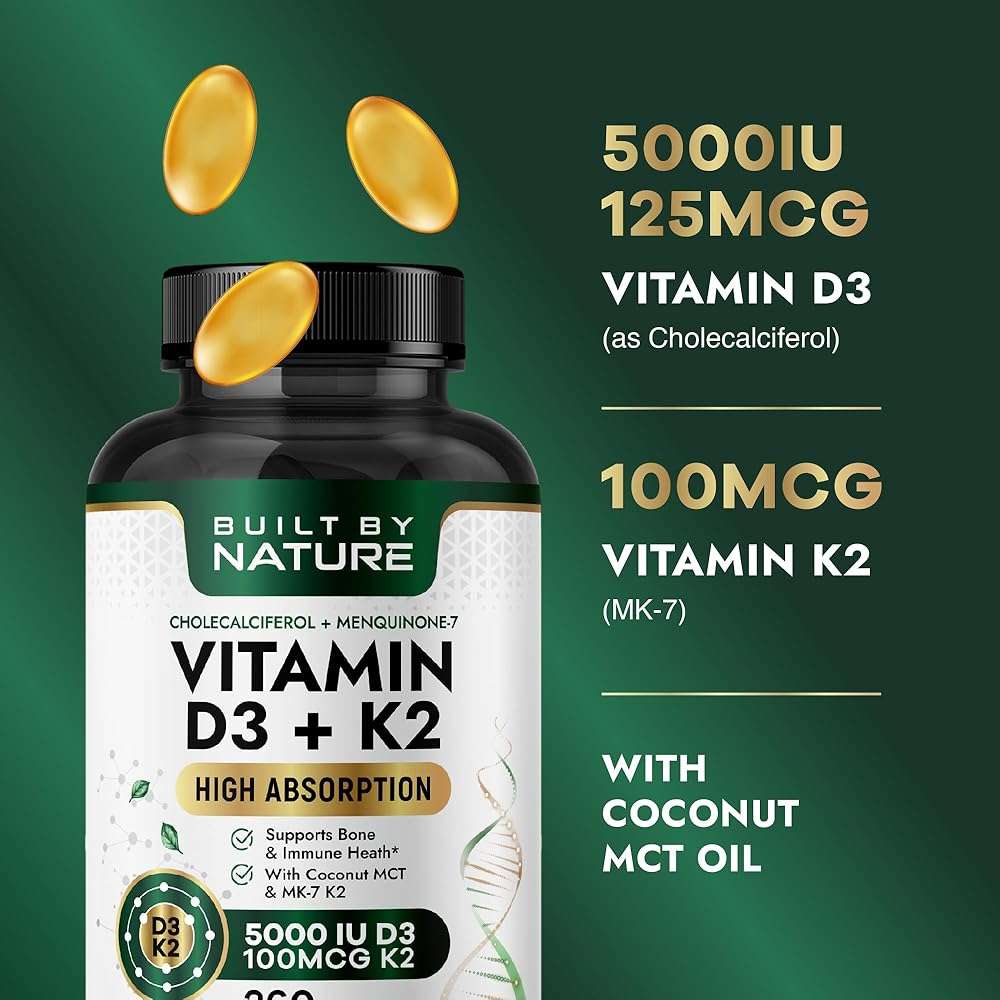 Built by Nature Vitamin D3 K2 5000 IU + 100 mcg MK-7 - Extra Strength, High Absorption - Bone, Heart & Immune Support - Coconut MCT Oil - Non-GMO – 1 Year Supply - 360 Softgels - Image 3